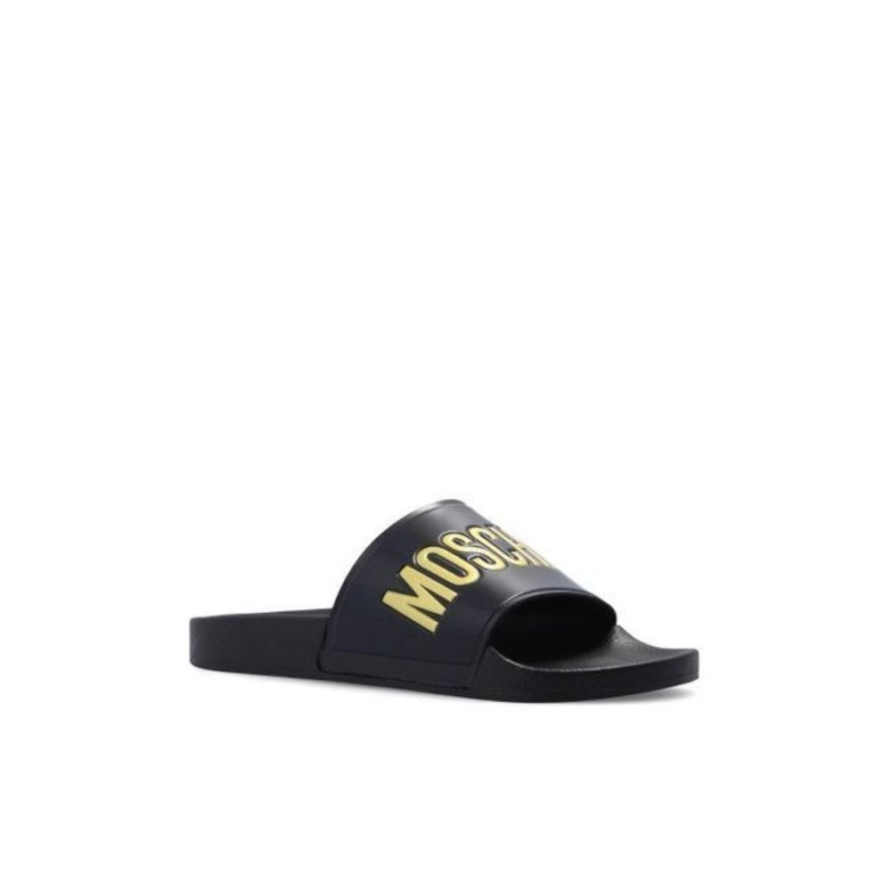 Moschino Black Slide Sandals with Gold Logo